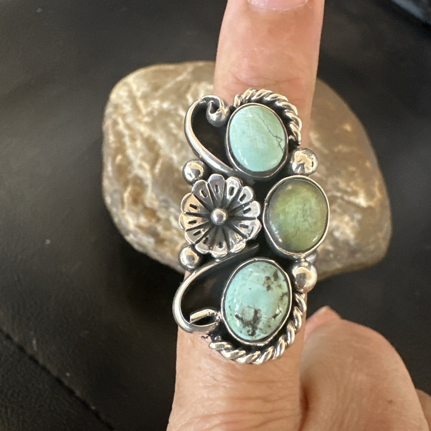 Blue Green Turquoise Navajo Sterling Silver Cluster Ring Size 8.5 19079