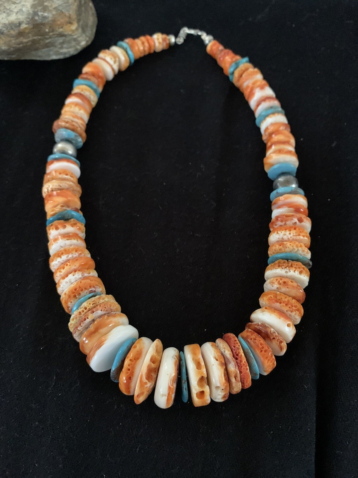 Orange Spiny Oyster Turquoise Navajo Pearls Sterling Necklace 20" 00137
