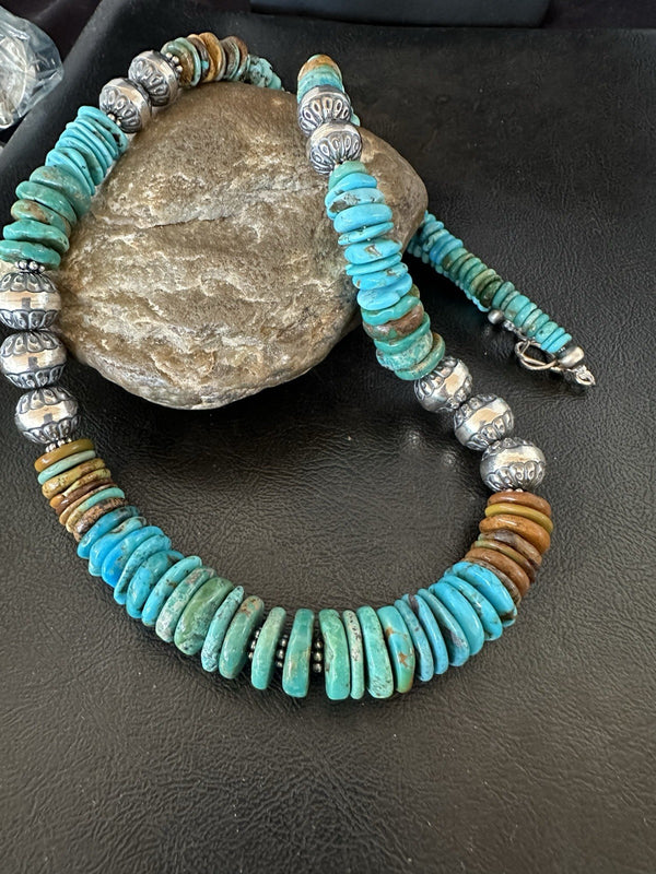 Women's Blue Green Turquoise Navajo Necklace 24" | Sterling Silver | Authentic Native American Handmade | 19492