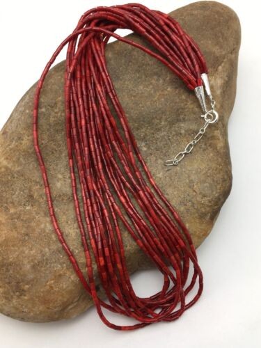 Native American Red Coral Navajo Necklace Sterling Silver 10 Strand 4387