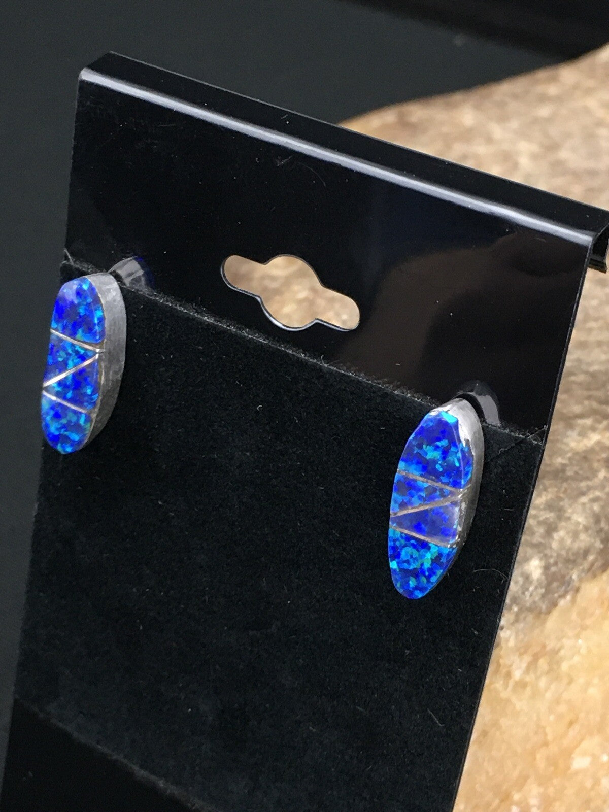 Navajo Indian Sterling Silver Handmade Blue Opal Inlay Earrings 0.75" 1331