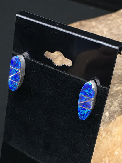 Navajo Indian Sterling Silver Handmade Blue Opal Inlay Earrings 0.75" 1331