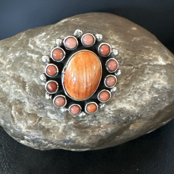 Orange Spiny Oyster Cluster Navajo Ring Size 10 | Sterling Silver | Authentic Native American Handmade | 18397