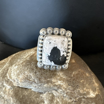 White Buffalo Turquoise Navajo Sterling Silver Ring Size 8 18775