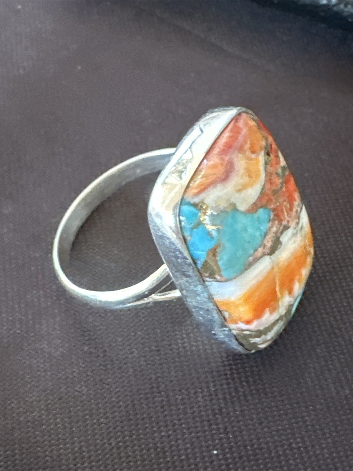 Blue Turquoise Spiny Oyster Southwestern Sterling Silver Ring Size 8 18431