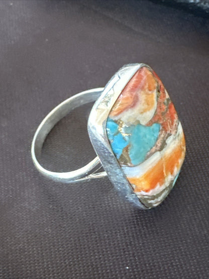 Blue Turquoise Spiny Oyster Southwestern Sterling Silver Ring Size 8 18431
