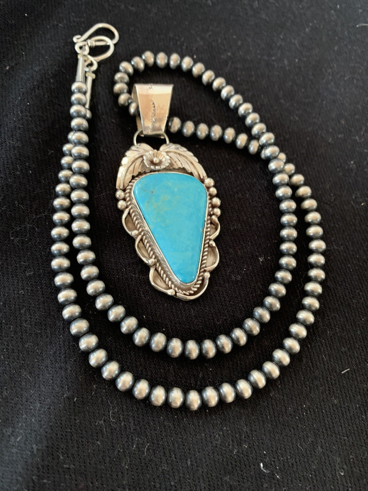 Blue Kingman Turquoise Pendant Navajo Pearls Sterling Silver Necklace 20" 00392