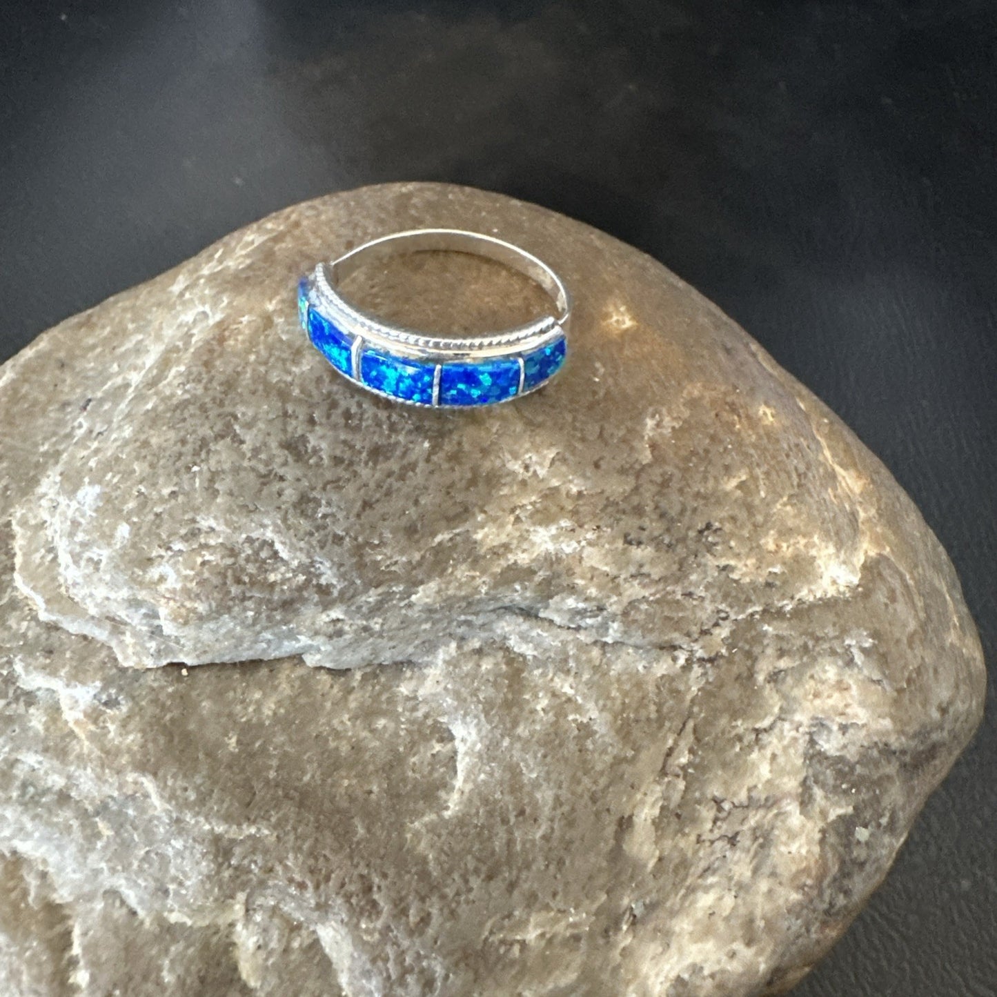 Blue Opal Navajo Sterling Silver Band Inlay Ring Size 7.5 19724