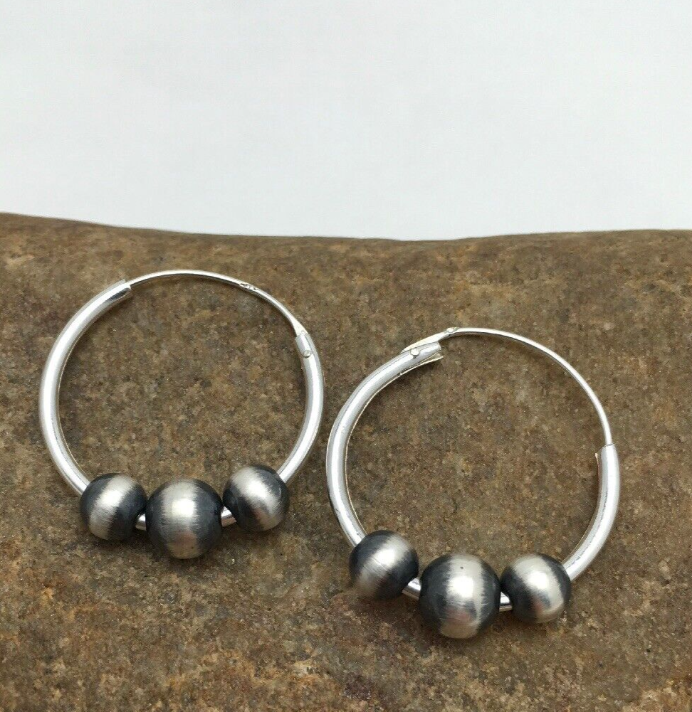 Native American Indian Hoop Sterling Silver Beads Earrings 3108