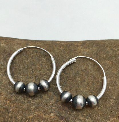 Native American Indian Hoop Sterling Silver Beads Earrings 3108