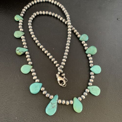 Navajo Pearls Necklace Sterling Silver Blue Turquoise Teardrop 13158