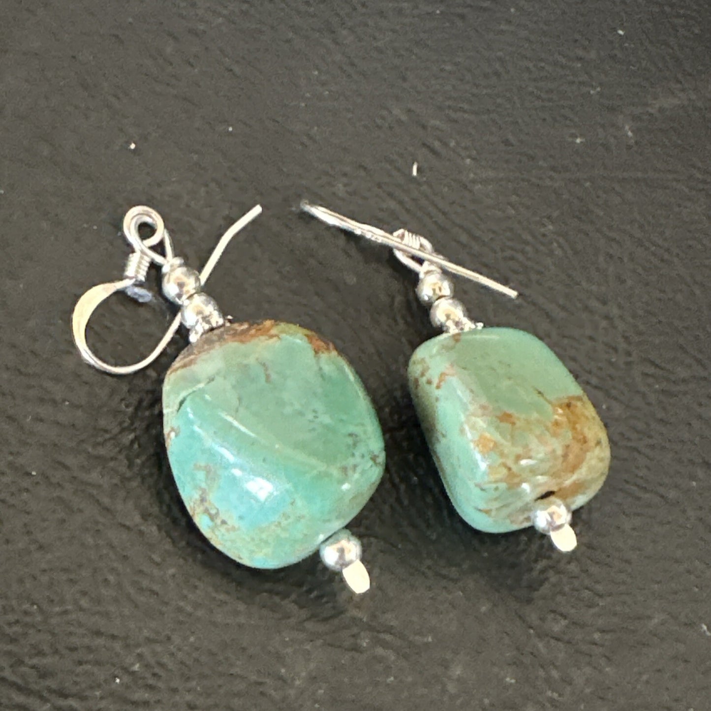 Green Turquoise Nugget Sterling Silver Beads Navajo Earrings 1" 17868