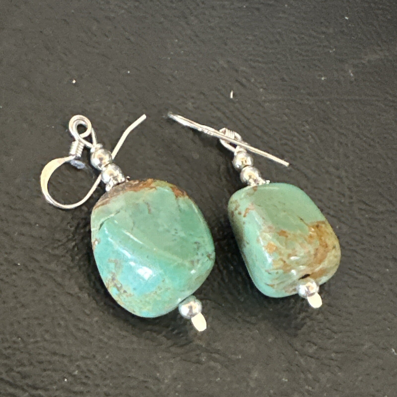Green Turquoise Nugget Sterling Silver Beads Navajo Earrings 1" 17868