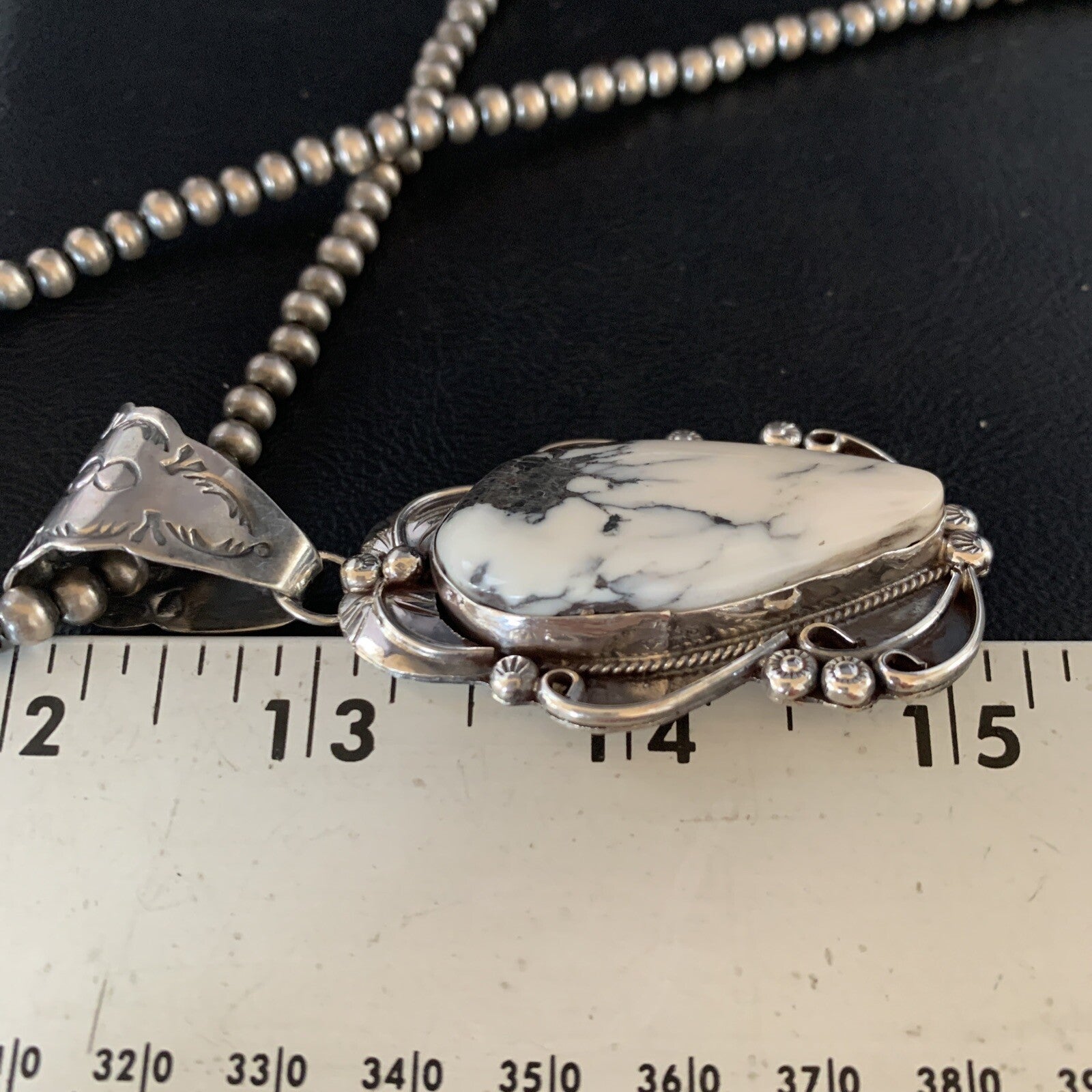White Buffalo Turquoise Pendant Necklace Sterling Silver Navajo 13994