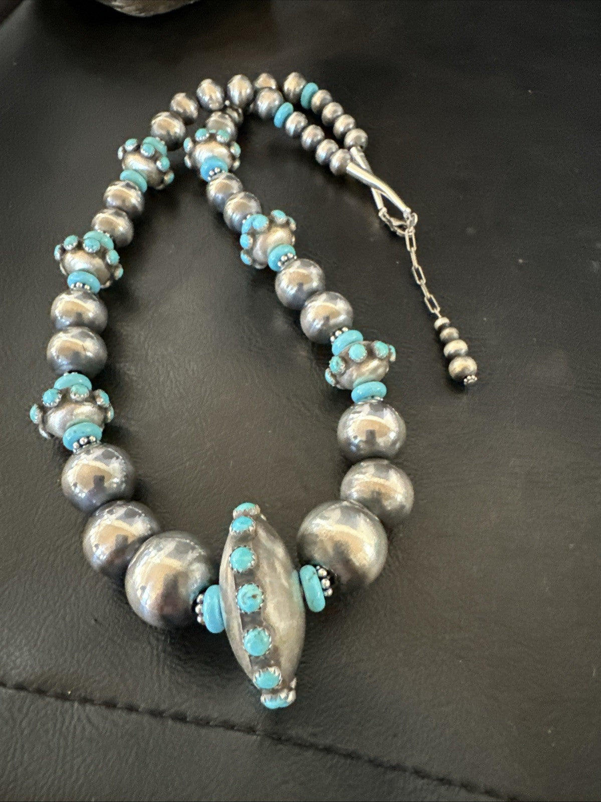 Navajo Pearls Blue Kingman Turquoise Sterling Silver Necklace 23” 19449