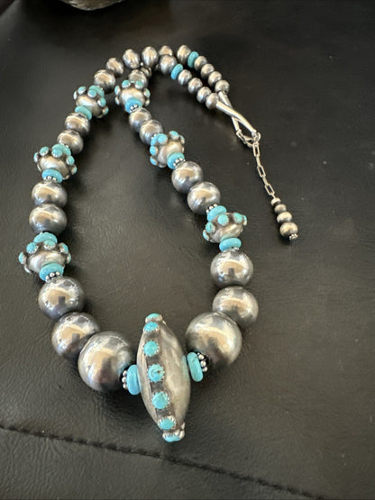 Navajo Pearls Blue Kingman Turquoise Sterling Silver Necklace 23” 19449