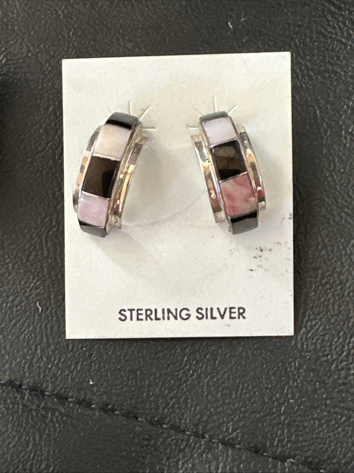 Pink Queen Conch Black Onyx Sterling Silver Post  Inlay Hoop Earrings 19819