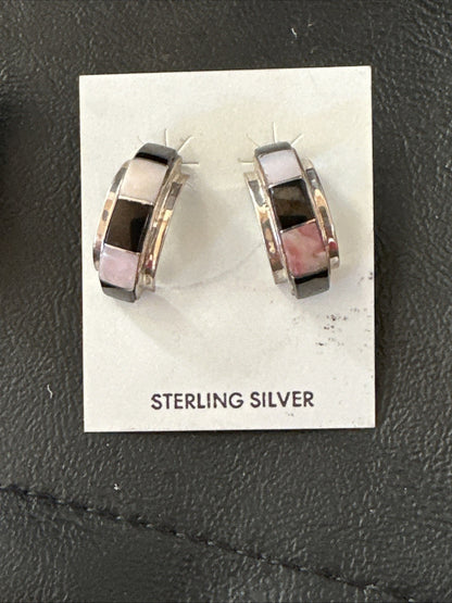 Pink Queen Conch Black Onyx Sterling Silver Post  Inlay Hoop Earrings 19819