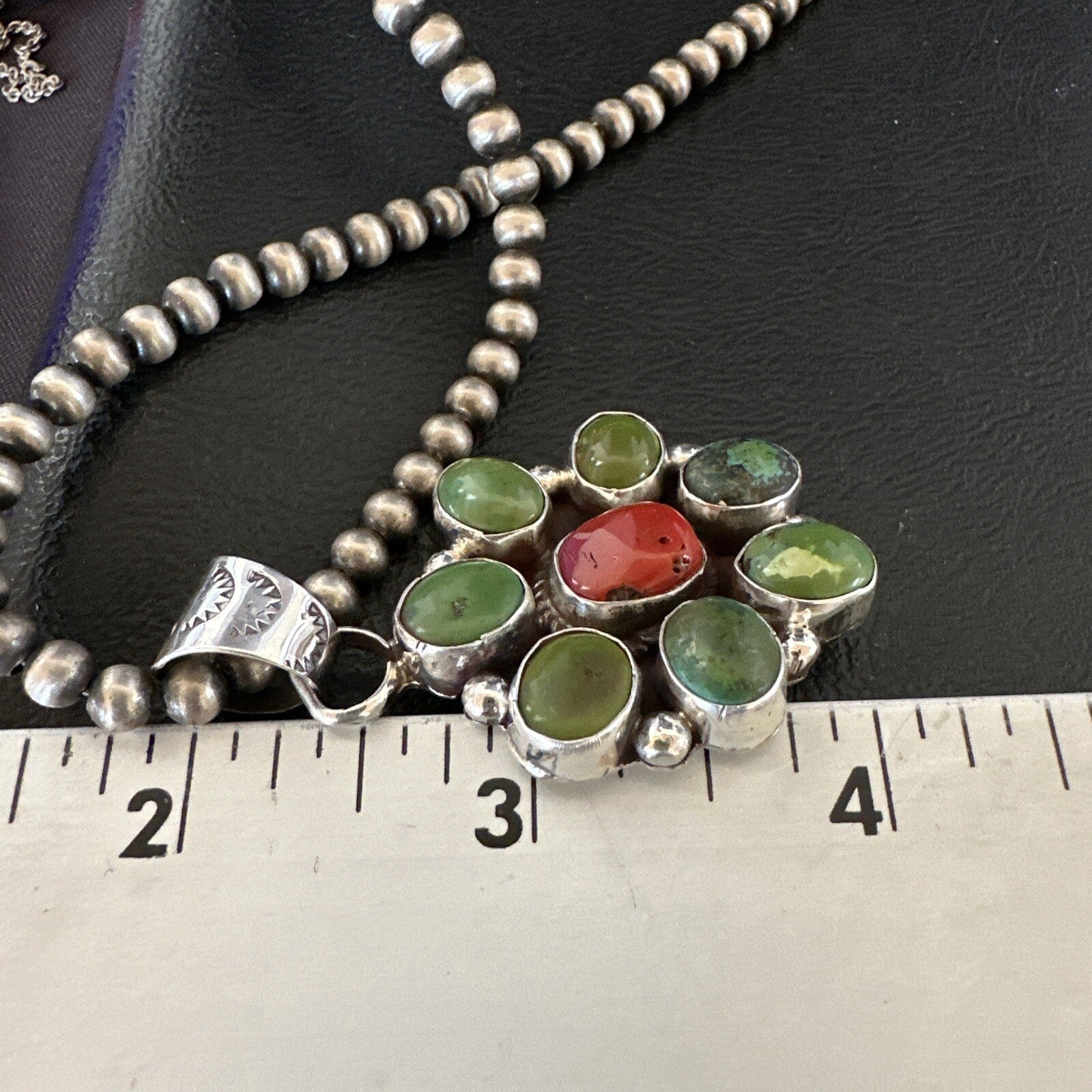 Navajo Sterling Cluster Red Turquoise Pendant Necklace 17713
