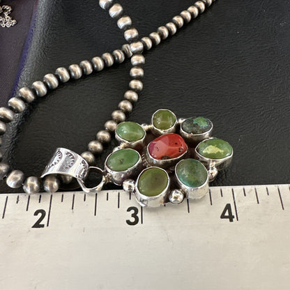 Navajo Sterling Cluster Red Turquoise Pendant Necklace 17713