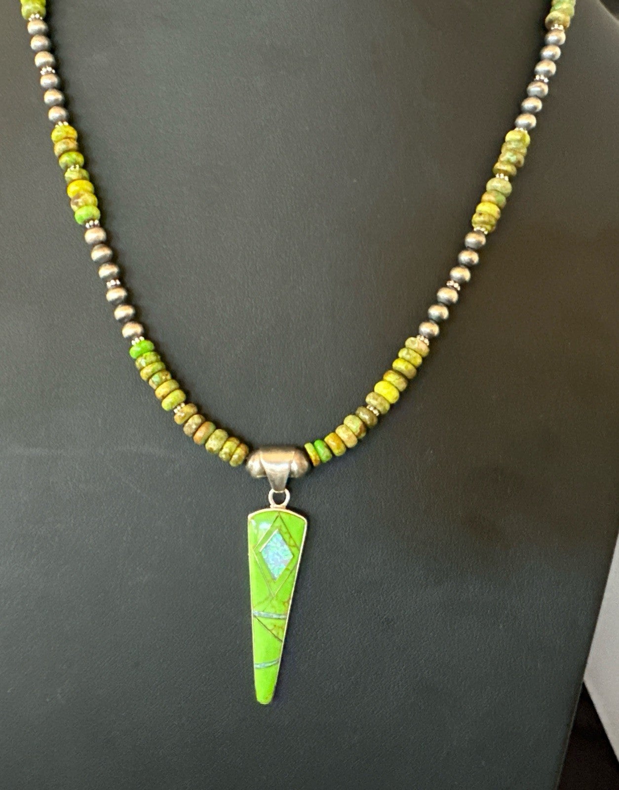 Womens Green Gaspeite Turquoise Opal Pendant Sterling Silver Necklace 19547