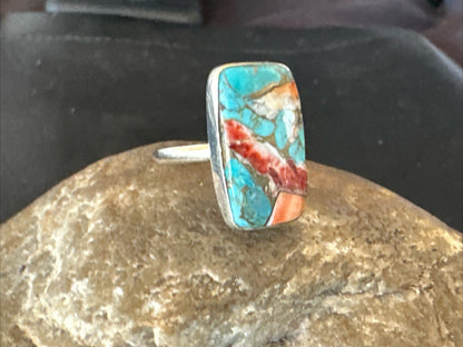 Blue Turquoise Spiny Oyster Southwestern Sterling Silver Ring Size 8 18434