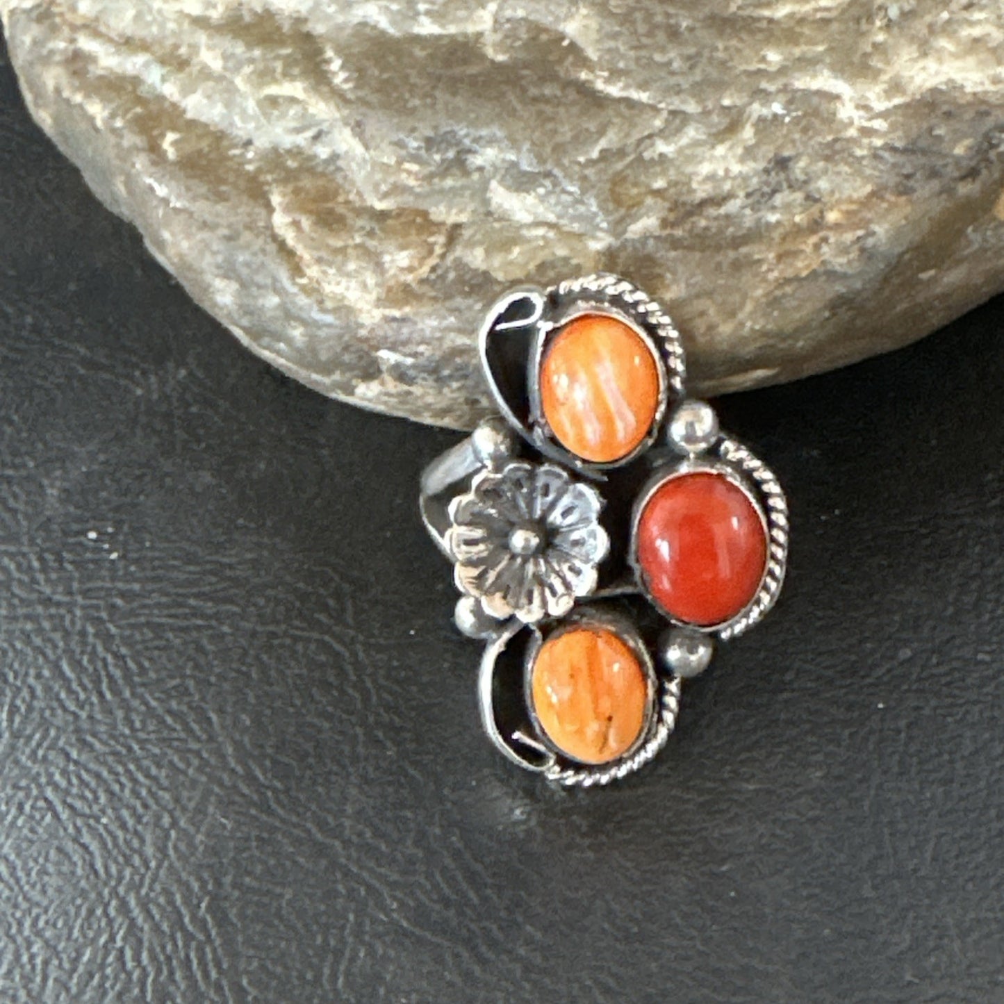 Multicolor Ring Coral Spiny Navajo Sterling Silver Cluster Sz 10.5 19196
