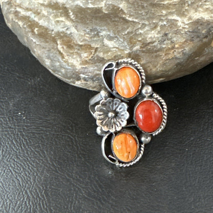 Multicolor Ring Coral Spiny Navajo Sterling Silver Cluster Sz 10.5 19196