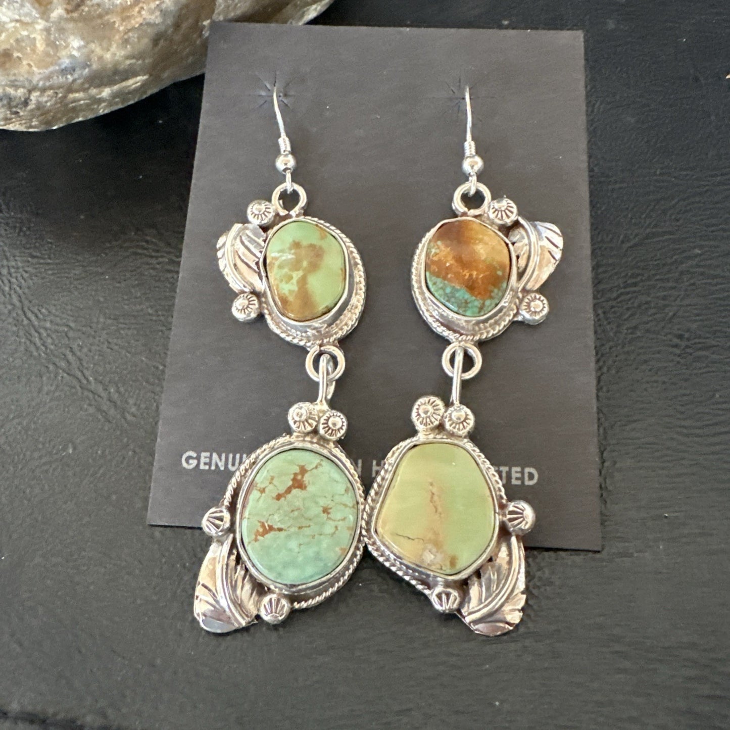 Green Royston Turquoise Navajo Sterling Silver Dangle Earrings 19600