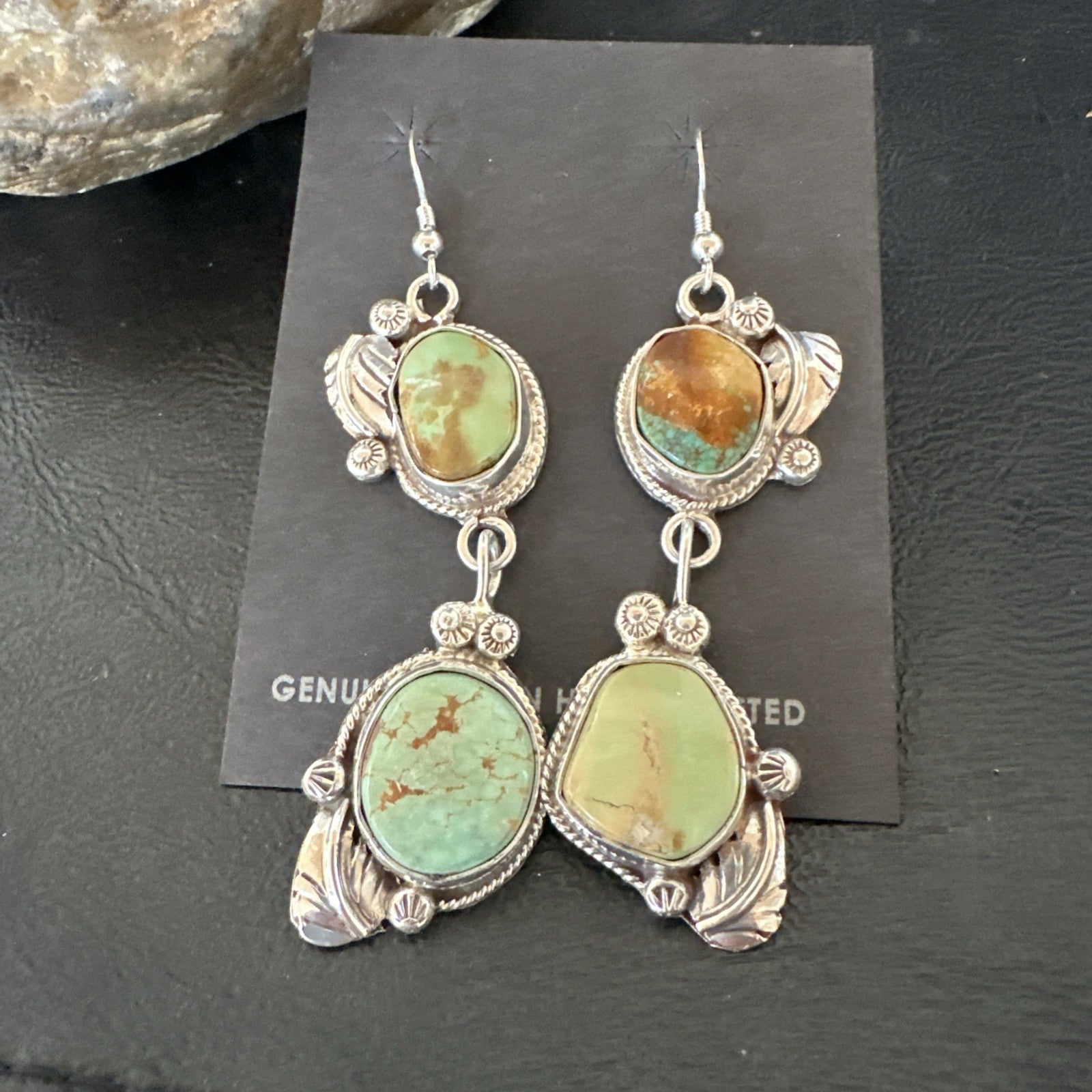 Green Royston Turquoise Navajo Sterling Silver Dangle Earrings 19600