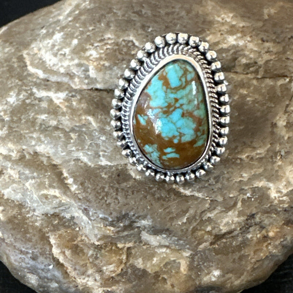 Blue Turquoise #8 Navajo Ring Size 8 | Sterling Silver | Authentic Native American Handmade | 18828