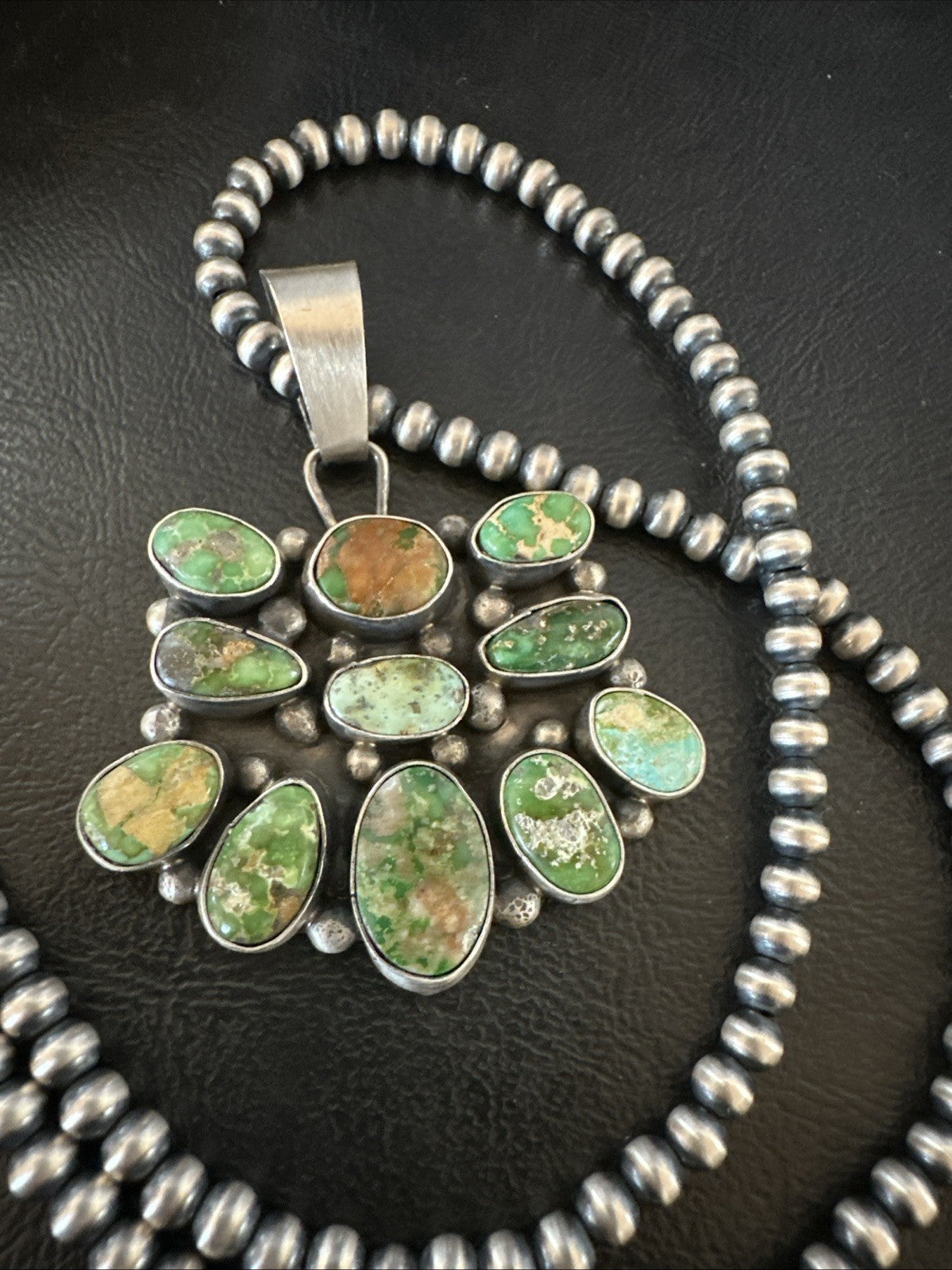 Green Sonoran Gold Turquoise Navajo Sterling Silver Cluster Pendant 19300