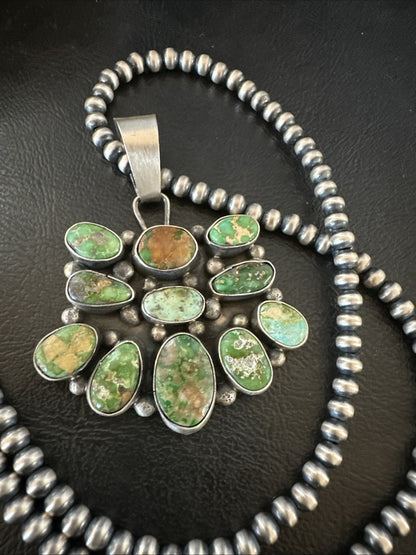 Green Sonoran Gold Turquoise Navajo Sterling Silver Cluster Pendant 19300