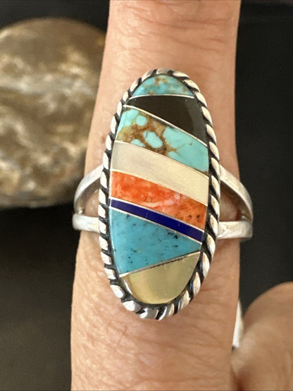 MultiColor Navajo Sterling Turquoise Spiny Oyster Inlay Ring Sz 8.5 18705