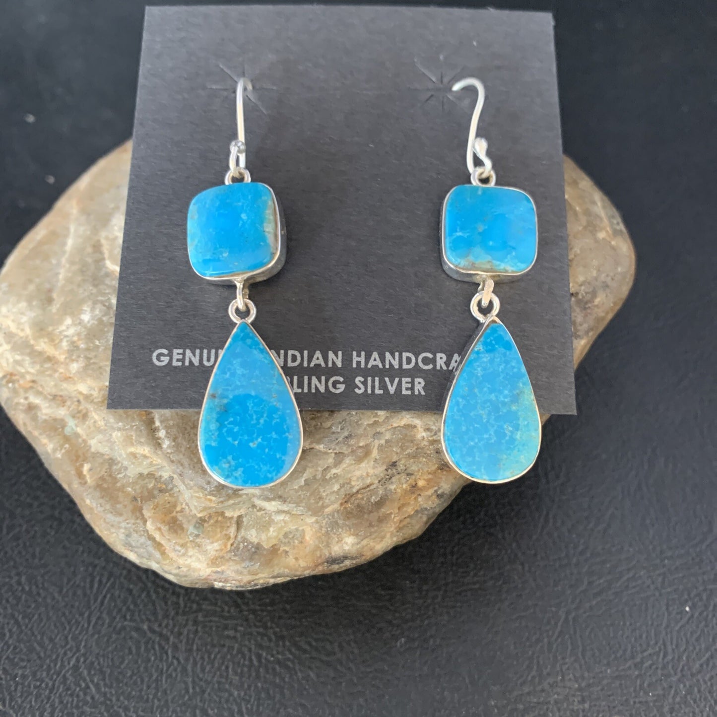 Kingman Turquoise Handmade Navajo Sterling Silver Dangle Earrings 1.5" 14012
