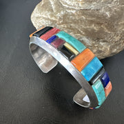 Men's Navajo Black Onyx Coral Turquoise Cuff Bracelet Inlay | Sterling Silver | Authentic Native American Handmade | 19501