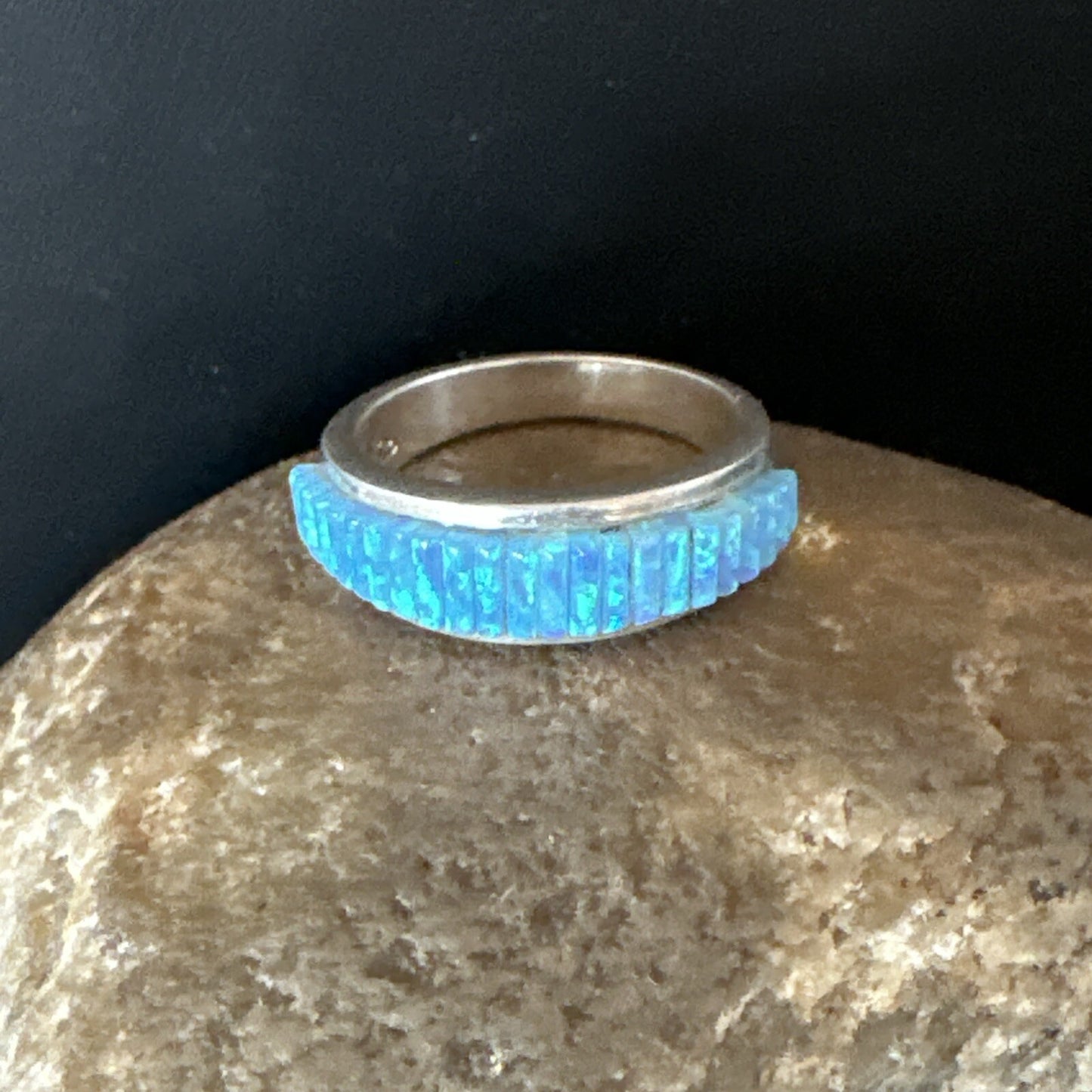 Blue Opal Navajo Sterling Silver Band Inlay Ring Size7 18800
