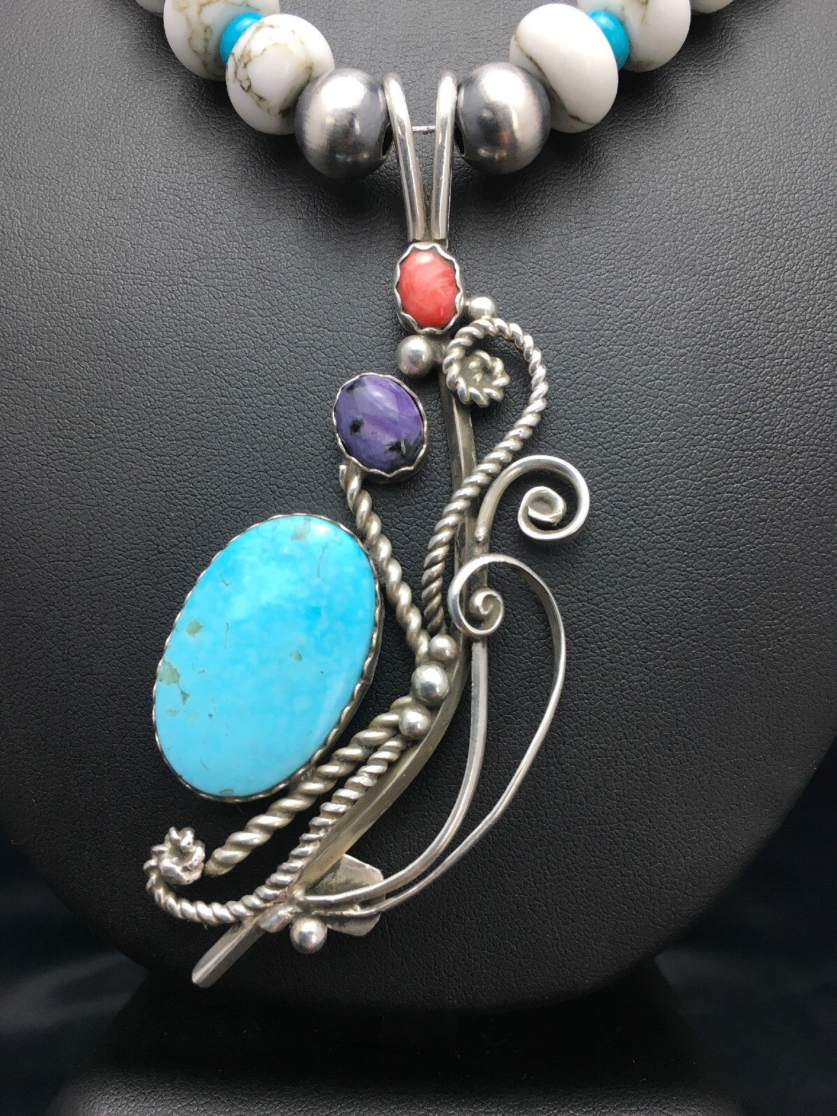 Kingman Turquoise Pendant Navajo Sterling Silver Necklace 03043