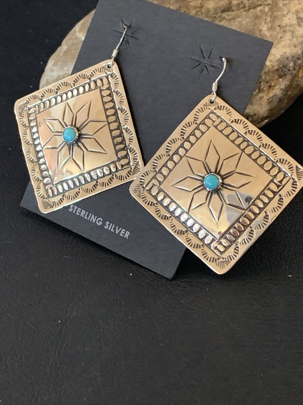 Blue Turquoise Navajo Earrings 2.25" | Sterling Silver | Authentic Native American Handmade | 12057