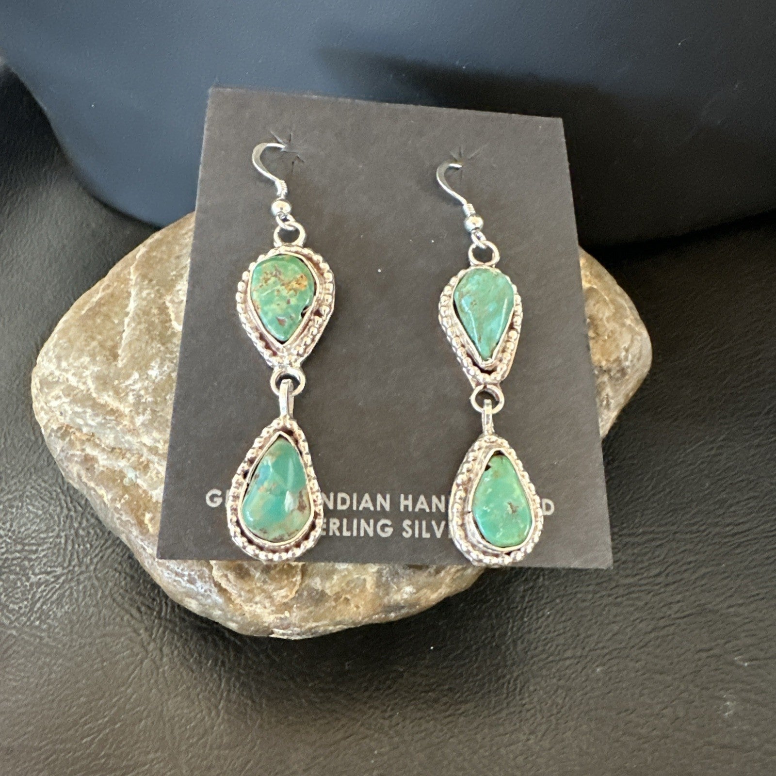 Green Royston Turquoise Navajo Sterling Silver Dangle Earrings 19404