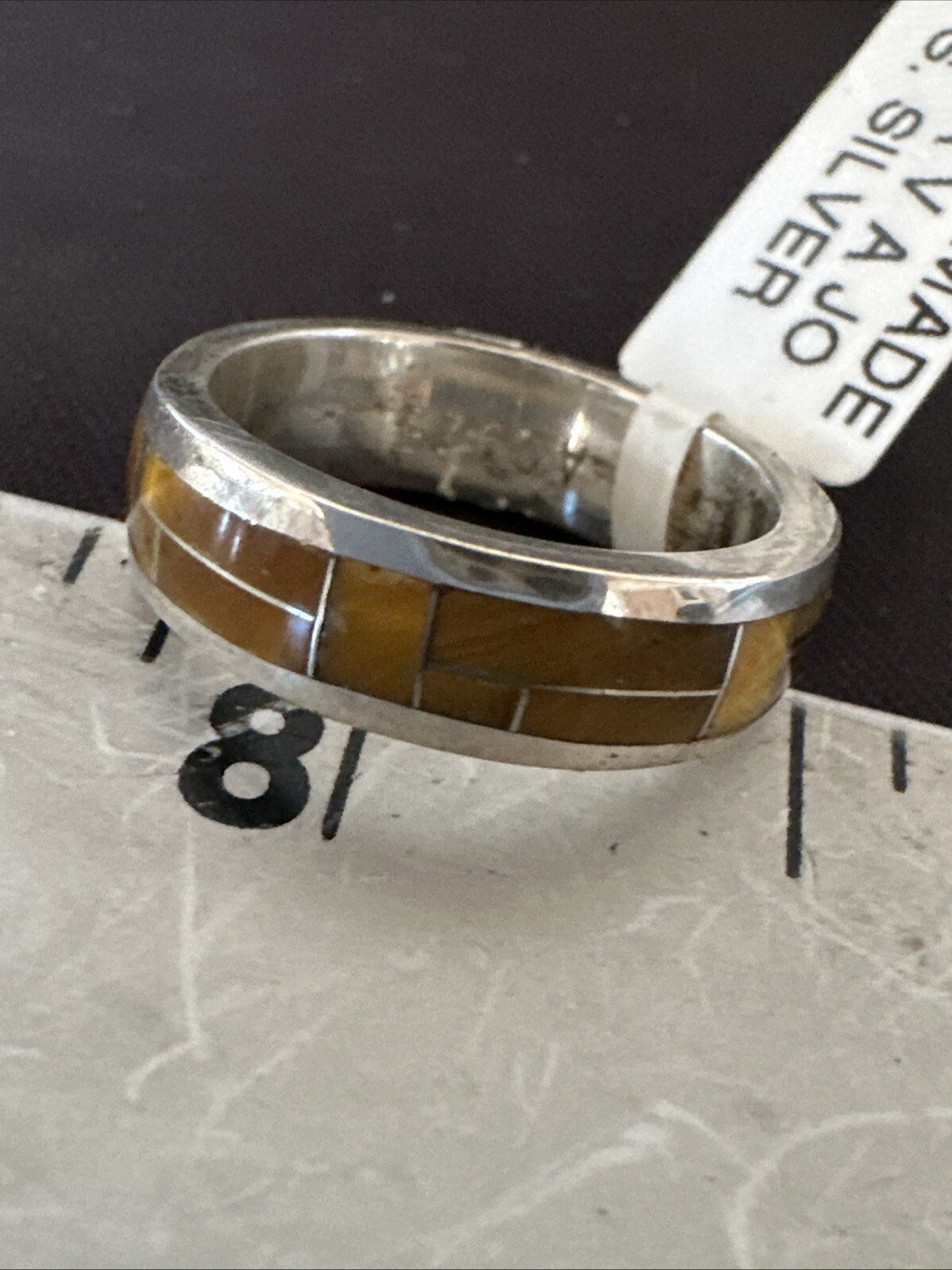 Women Coffee Tigers Eye Navajo Sterling Silver Inlay Ring Size 6.5 18703