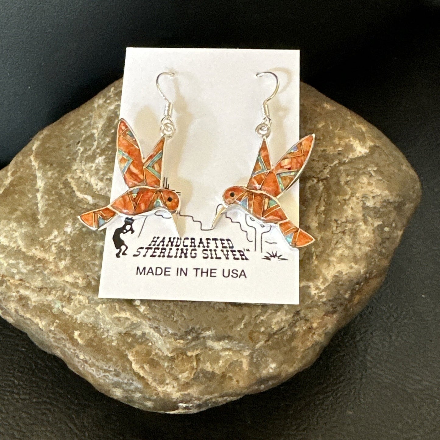 Orange Spiny Oyster Opal Sterling Silver Hummingbird Dangle Earrings 18552