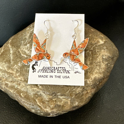Orange Spiny Oyster Opal Sterling Silver Hummingbird Dangle Earrings 18552