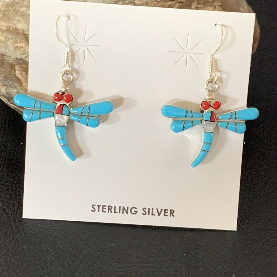 Dragonfly Blue Turquoise Coral MOP Inlay Sterling Silver Earrings 1" 13318