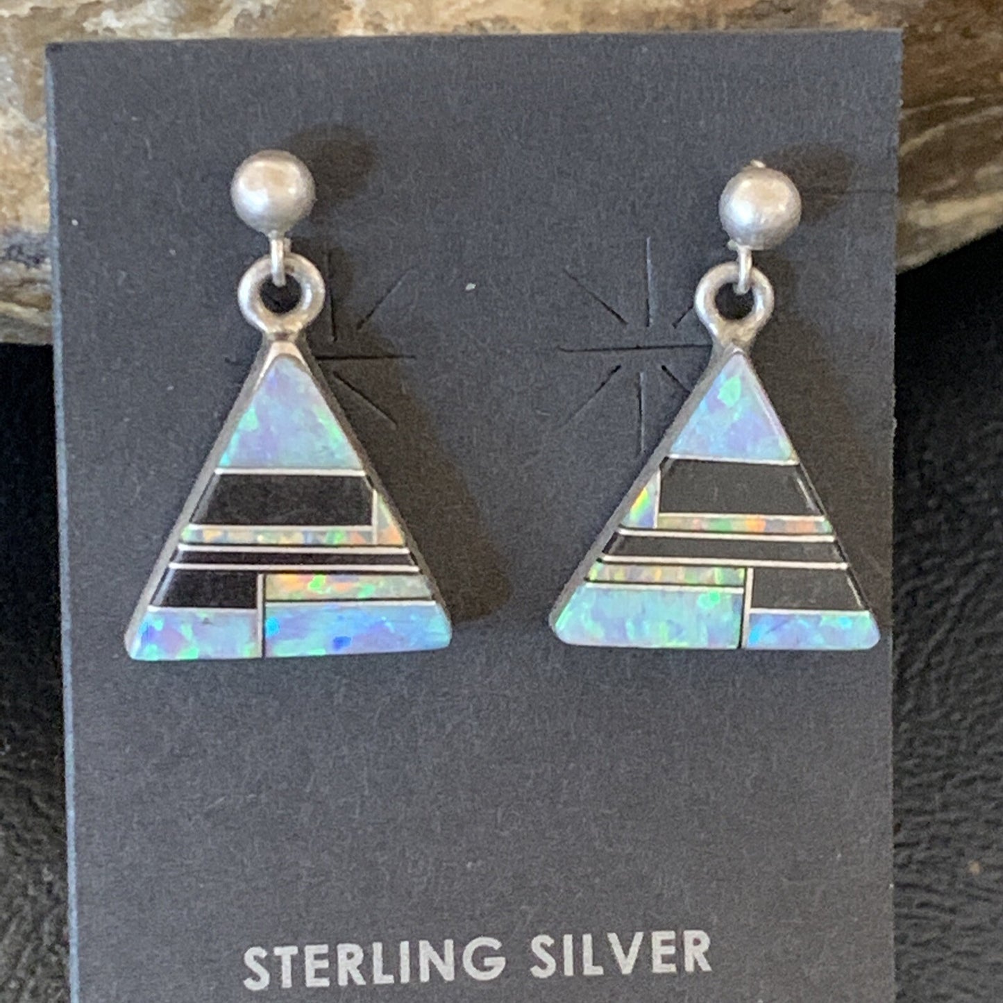 Womens Blue Opal & Black Onyx Inlay Navajo Sterling Silver Earrings 12781