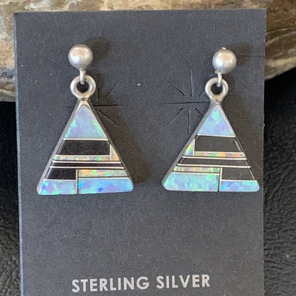 Womens Blue Opal & Black Onyx Inlay Navajo Sterling Silver Earrings 12781