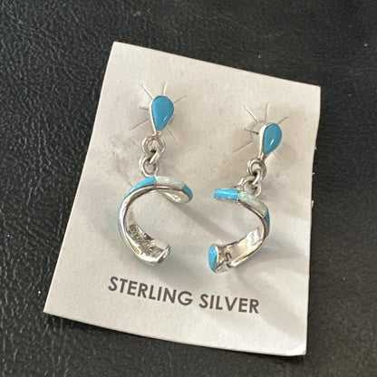 Blue Turquoise Opal Inlay Swirl Navajo Sterling Earrings 1.25" 18751