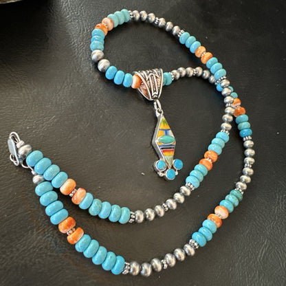 Multicolor Turquoise Pendant Navajo Sterling Silver Beads Necklace 18730