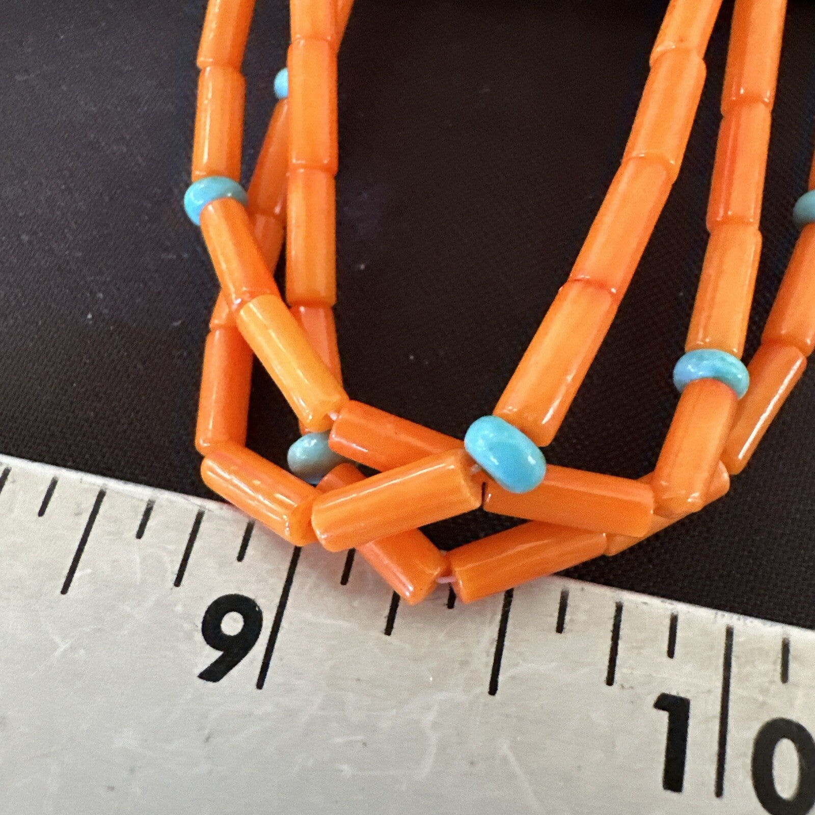 Native Turquoise Orange Coral Sterling Silver 3 Strand Necklace 21" 17819