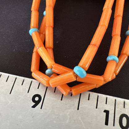 Native Turquoise Orange Coral Sterling Silver 3 Strand Necklace 21" 17819